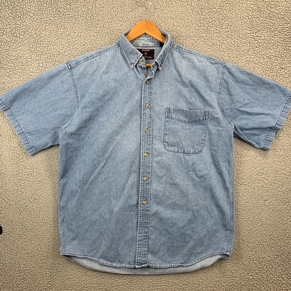 COLISEUM Denim Button Up Shirt Men's Light Blue XL Cotton Denim Short Sleeve